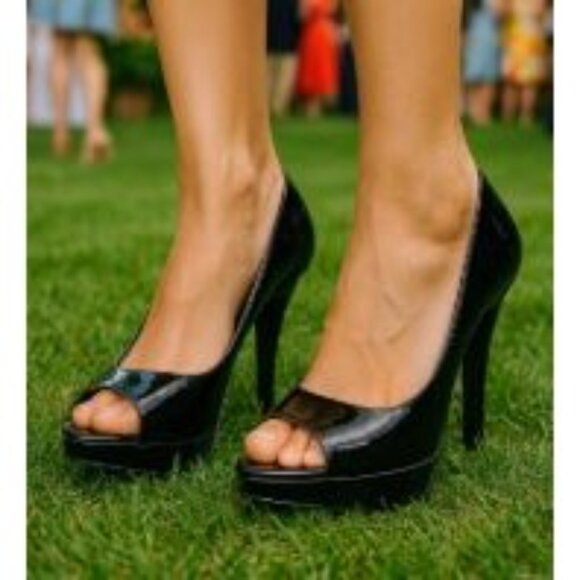 Bandolino Size 10M Business Casual Black Patent Leather Peep Toe Heels - Picture 6 of 12